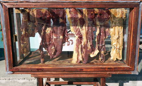 Meat in a display case, a rather unique way to sell meat in the mercadito in Marquelia, Mexico