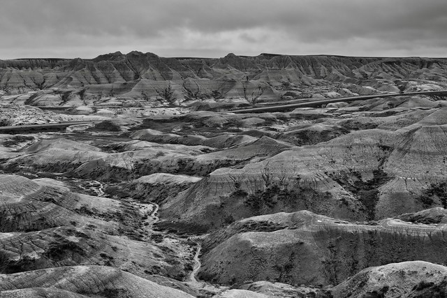 Badlands and Formations from the Big Foot Pass Overlook (Black & White, Badlands National Park)
