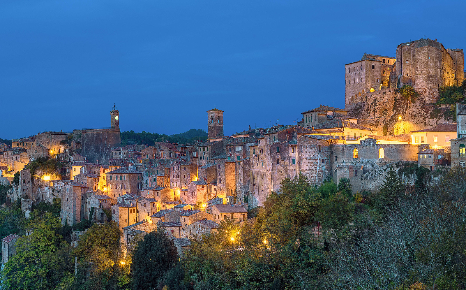 View of Sorano at nightfall, one of the most scenic villages in Tuscany Italy