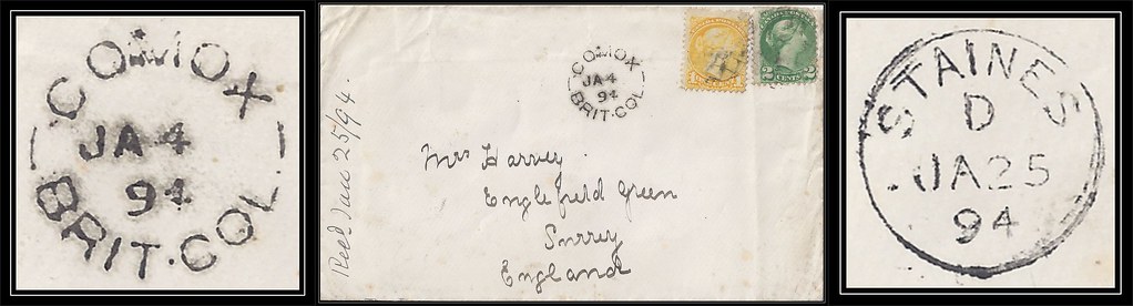 British Columbia / B.C. Postal History - 4 / 25 January 1894 - COMOX, B.C. (split ring / broken circle cancel / postmark) to Englefield Green, Surrey, England via Staines, England
