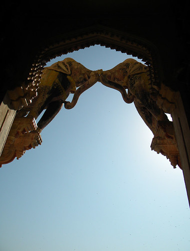 Inside looking out of the Bundi Palace with the elephants over the entrance, the Hathi Pol or Elephant Gate