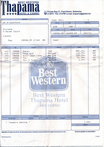 mgs memorabilia letters writings best western thapama hotel casino francistown botswana 56 february 1999 room 36630 pula per night
