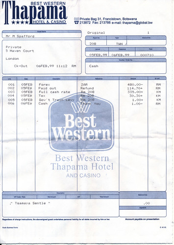 mgs memorabilia letters writings best western thapama hotel casino francistown botswana 56 february 1999 room 36630 pula per night