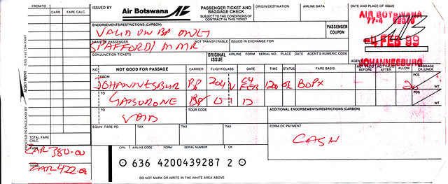 IMG_0085 MGS Memorabilia Letters and Writings: Air Botswana Aeroplane Ticket 4 Feb 1999 Johannesburg to Gaborone ZAR 422 Rands