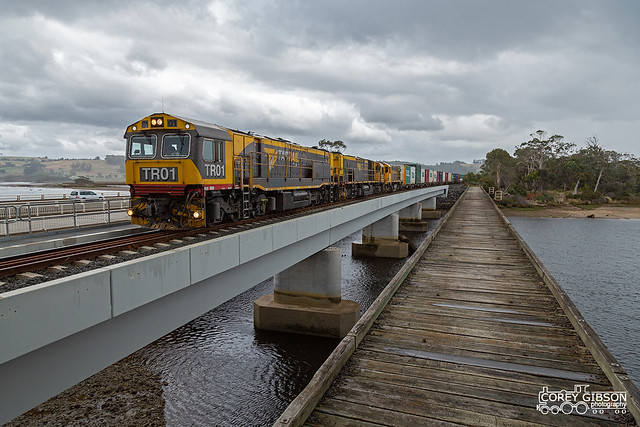 Tasrail freight train #31 out of Burnie with class leader TR01 &.TR17 along with 2010.