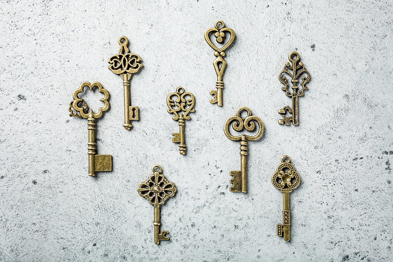 Overhead shoot of many different old keys