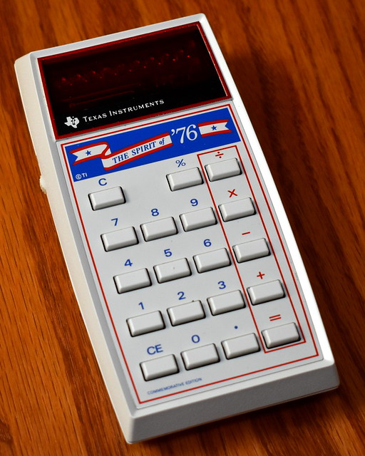 Vintage Spirit of 76 Commemorative Electronic Pocket Calculator by Texas instruments, The United States Bicentennial Commemorative Edition, LED Display, Made In USA