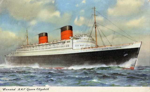 Cunard Queen Elizabeth at Sea - Ocean Liner Postcard