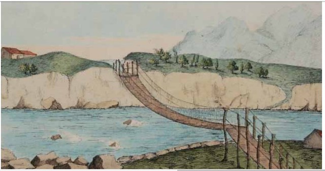 Puente colgante sobre el río Maipo, vista desde el sur, pre colonial, en un grabado de 1821 que presumo es de Maria Graham