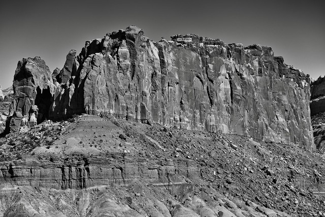 The Broadside of a Cliff Wall Carved by Nature and Time (Black & White, Capitol Reef National Park)