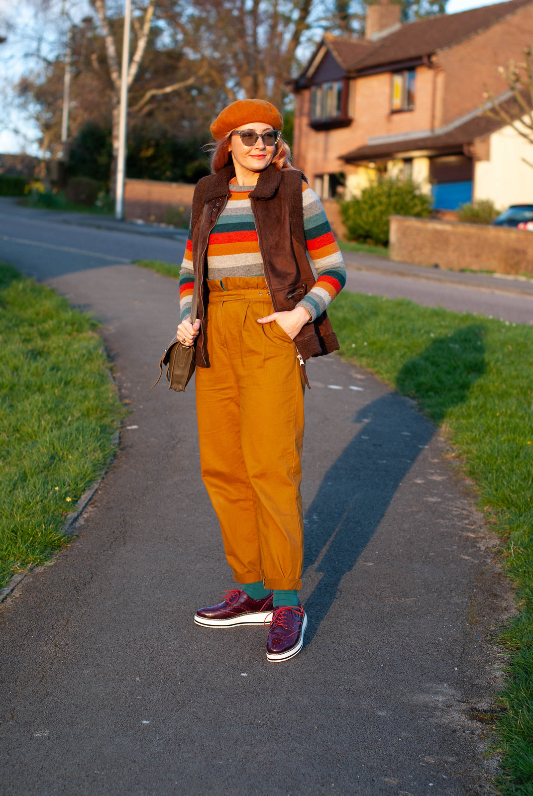 A Burst of Autumnal Stripes and Layers For the Last Time (striped sweater, paperbag mustard trousers, brown sheepskin gilet, mustard beret, burgundy flatforms) | Not Dressed As Lamb, Over 40 Style