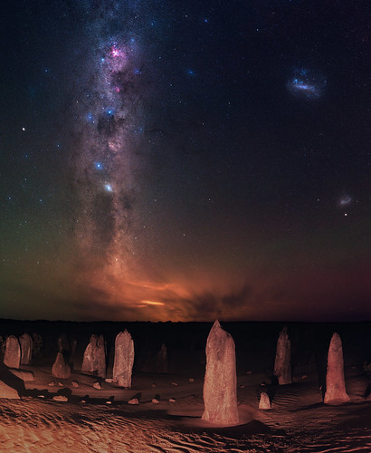 pinnacles desert stitched milky way mosaic ms ice southern hemisphere cosmos western australia dslr long exposure rural night photography nikon stars astronomy space galaxy astrophotography outdoor sky 50mm d5500 landscape airglow green carina nebula coal sack ioptron skytracker hoya red intensifier filter milkyway magellanic clouds lmc smc large small cloud explore explored