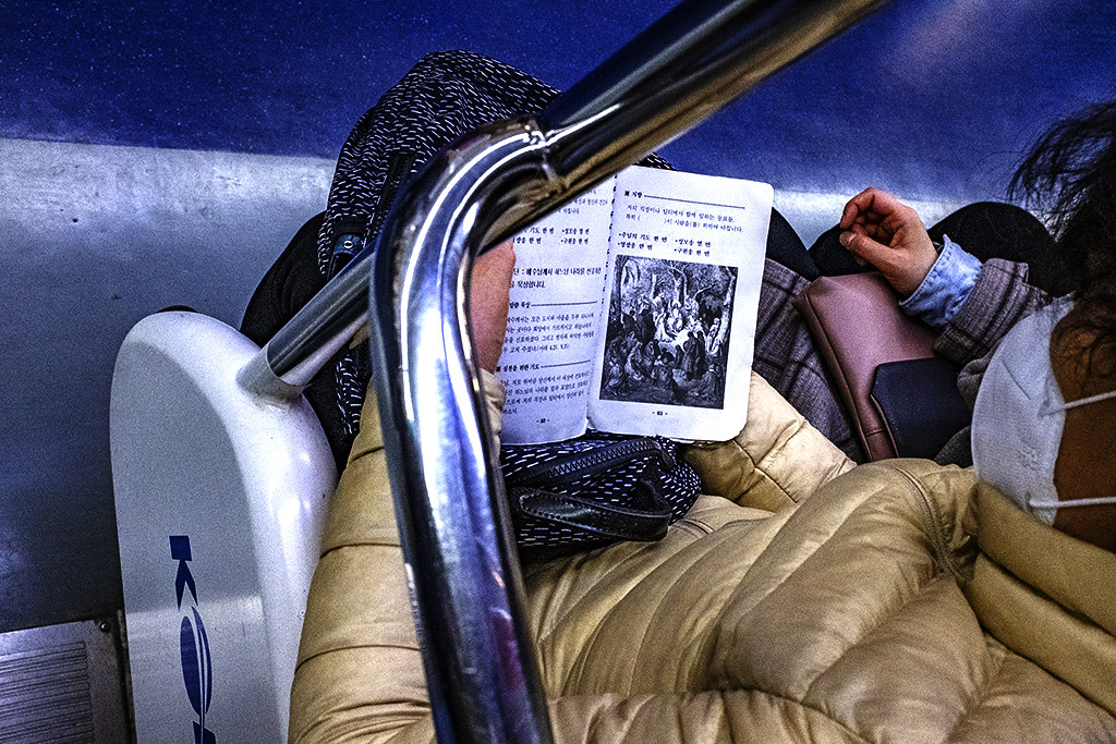 Woman reading Biblical stories on subway train--Seoul