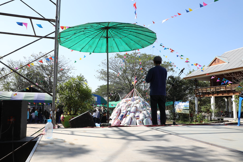A picture from behind the stage at the rice festival. In the center is the MC. He is photographed from the back and is wearing a dark blue shirt, black trousers, and a hat. A big, green umbrella stands in front of him, and a mound of rice bags is further behind it. 