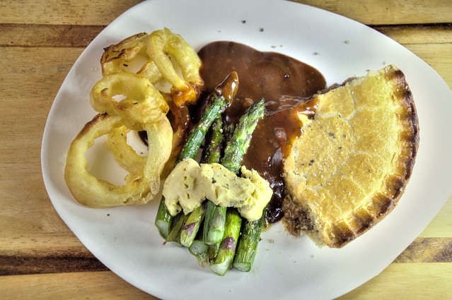 Steak Pie, Onion Rings and Asparagus