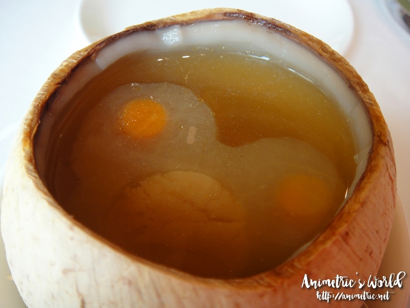 Double-Boiled Chicken and Conpoy Soup in Petite Coconut