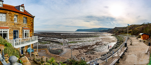 robin hood hoods bay beach shore shoreline water sea coast coastal seaside sand waves north yorkshire scenic landscape panorama stitched lightroom house balcony colour hdr view holiday tourism visiting