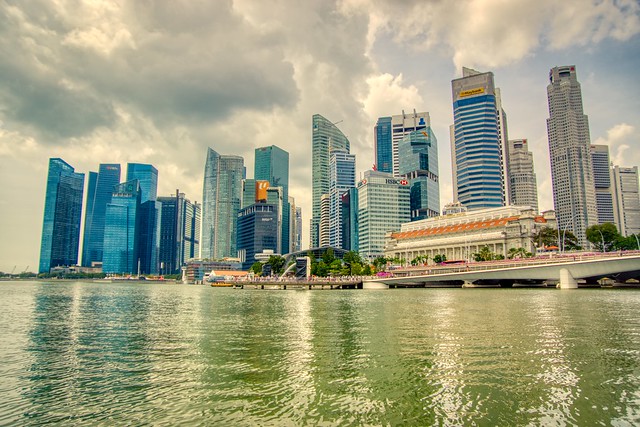 Central Business District (CBD) seen from Marina Bay with Merlion and Fullerton Hotel in Singapore
