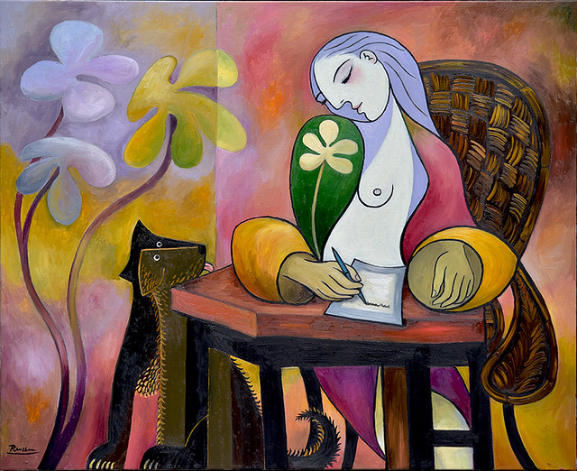 Writing Woman With Dog by Erik Renssen