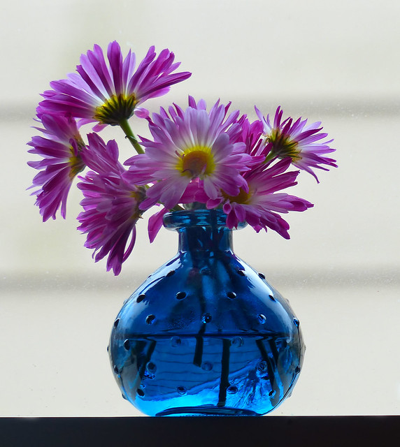 Pink flowers/blue vase