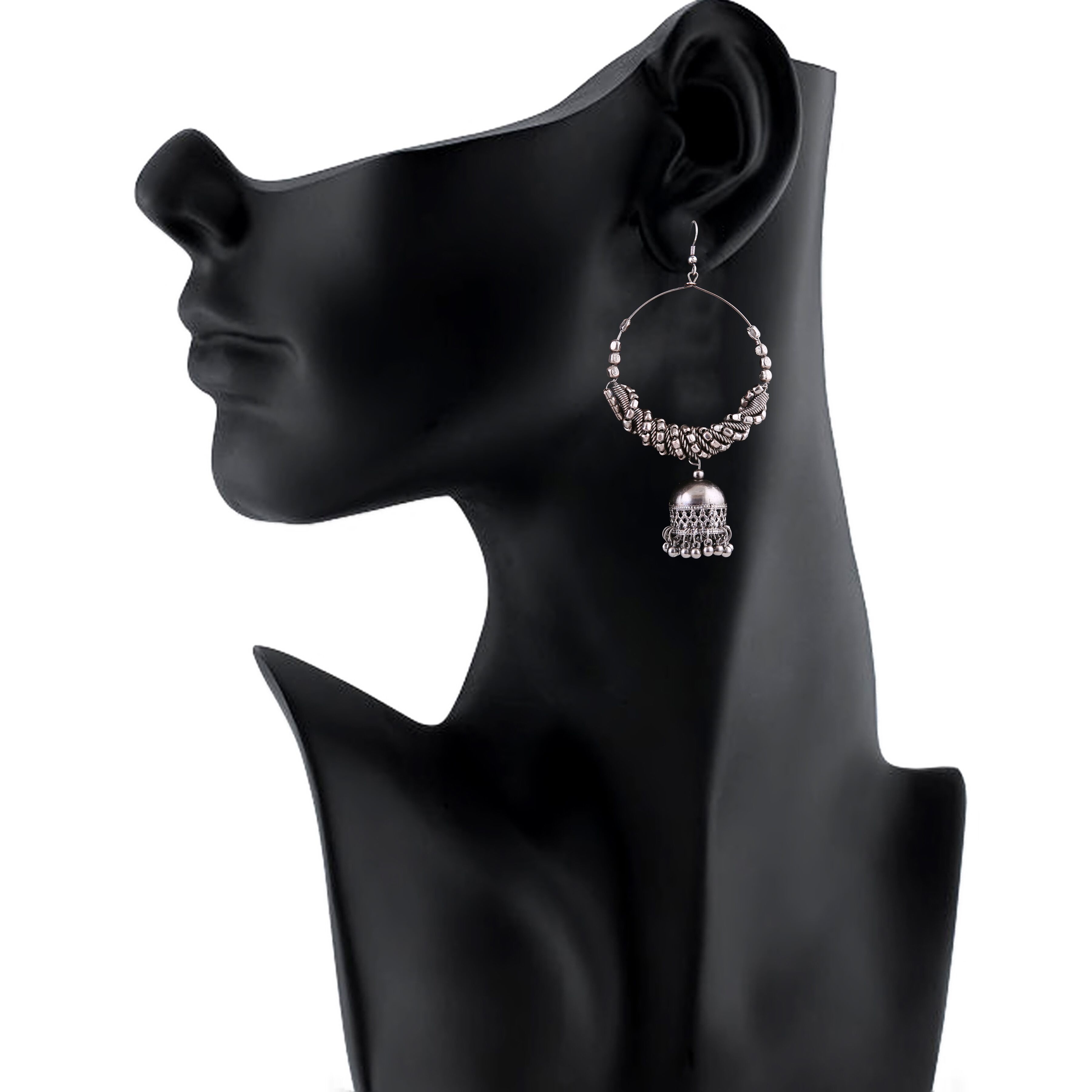 Generic Women's Silver Oxidized Hook Dangler Hanging Afgani Tribal Fancy Earrings-Silver