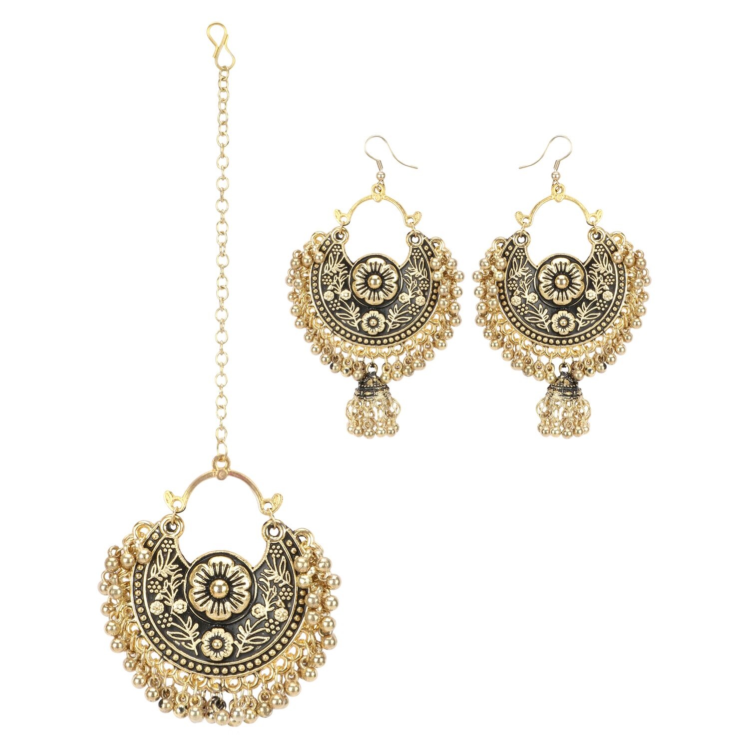 Generic Women's Gold Oxidized Earrings and  Maang Tikka-Black