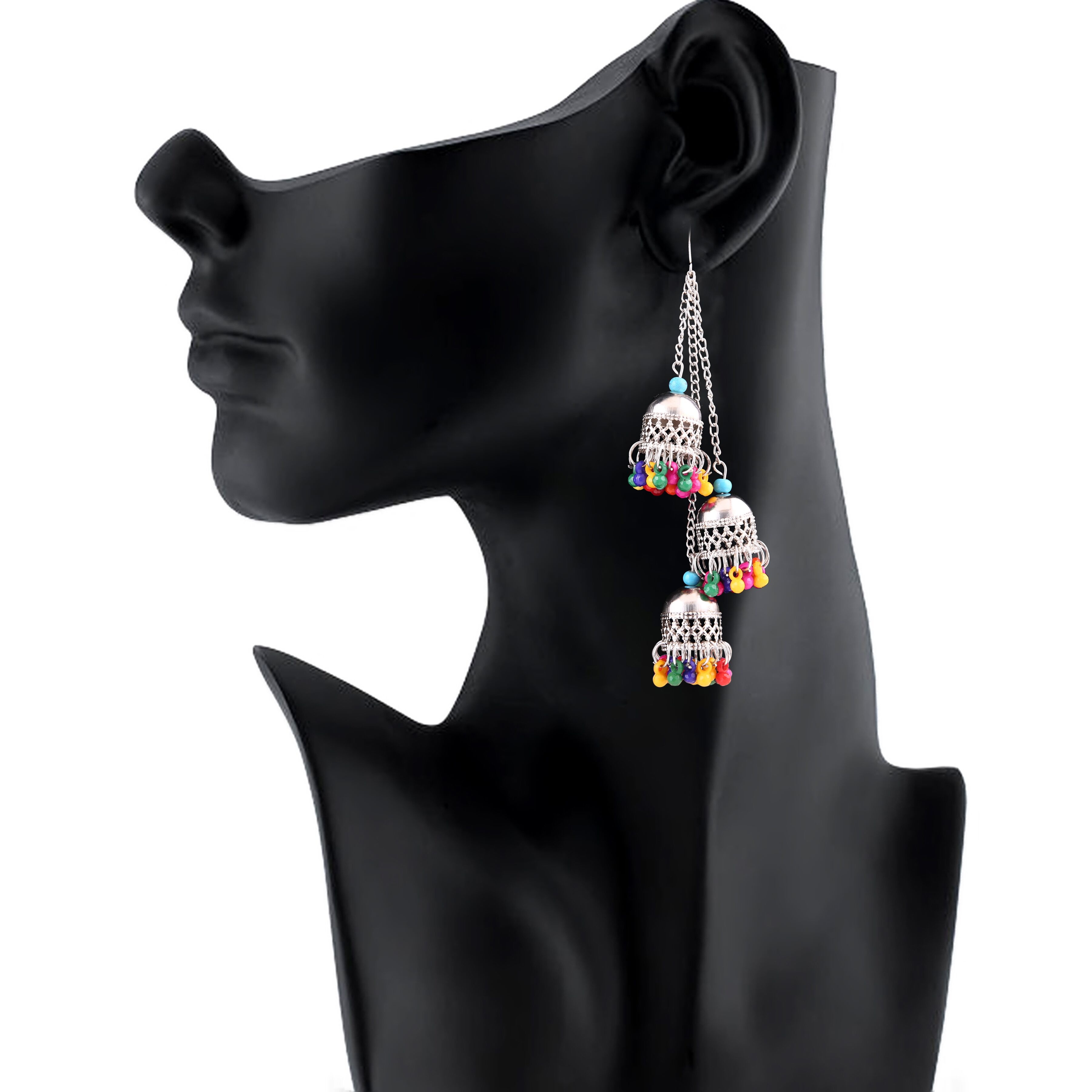 Generic Women's Silver Oxidized Hook Dangler Hanging Earrings-Multicolour