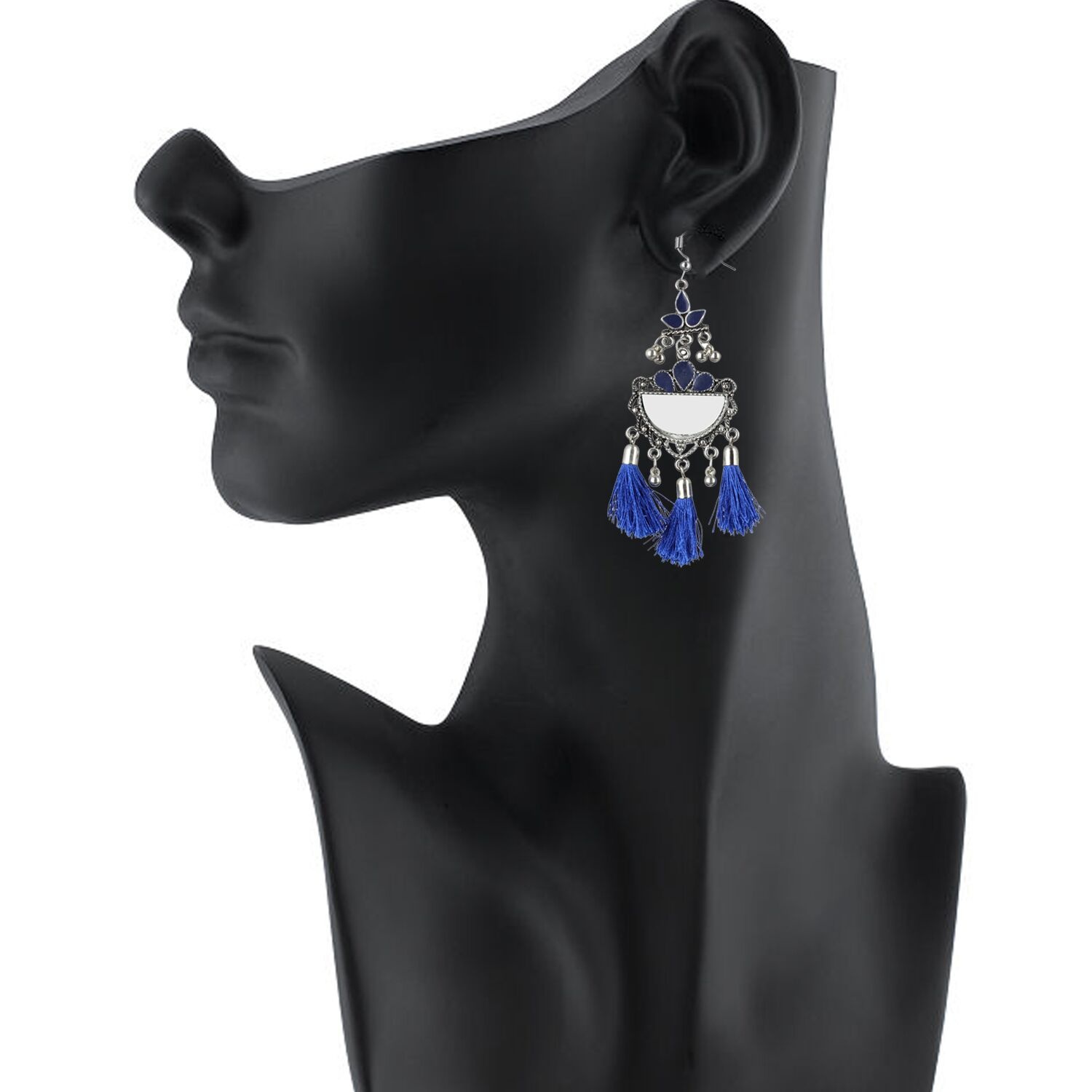 Generic Women's Silver Plated Afgani Tassel Earrings-Blue