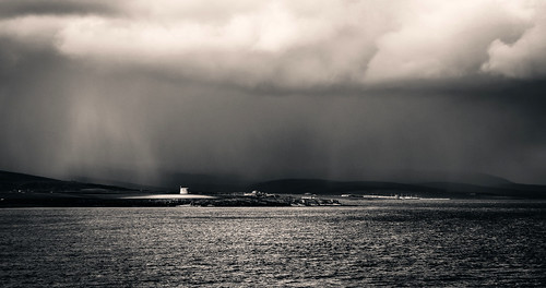 battery hackness martellotower orkney orkneyislands rain scotland sea southwalls view water clouds squal stromness unitedkingdom