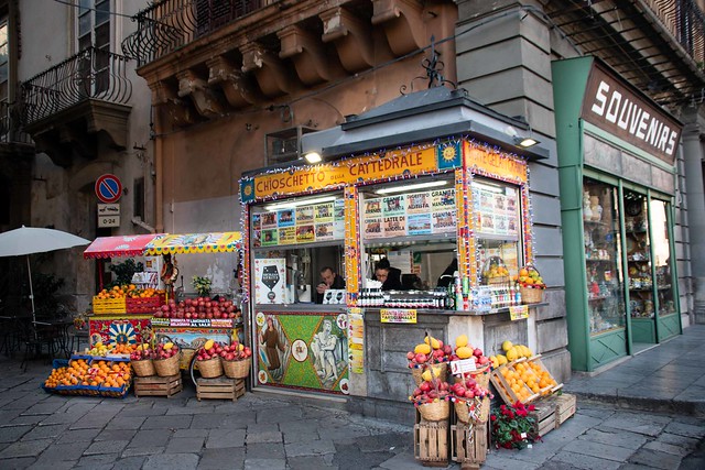 Colourful kiosk next to the Cathedral of Palermo in Sicily, Italy