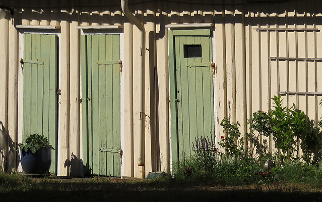 Green boat house doors in Fjallbacka on Bohuslan Coast of Sweden