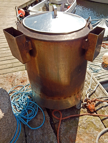 Crayfish cook pot on the dock in Grundsund on the Bohuslan Coast of Sweden