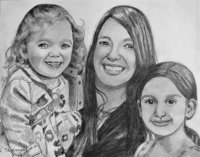 Sophia, Michelle & Emily - Black & White Pencil Drawing by STEVEN CHATEAUNEUF (2020)