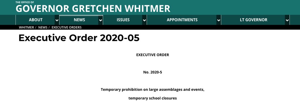 Governor Whitmer Temporarily Prohibits Large Assemblages and Events
