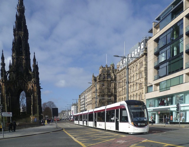 Edinburgh tram westbound on Princes Street at Waverley Bridge.