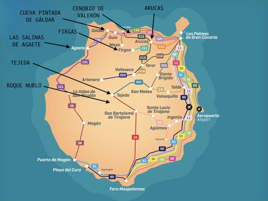 Mapa de Gran Canaria con los lugares más bonitos del norte