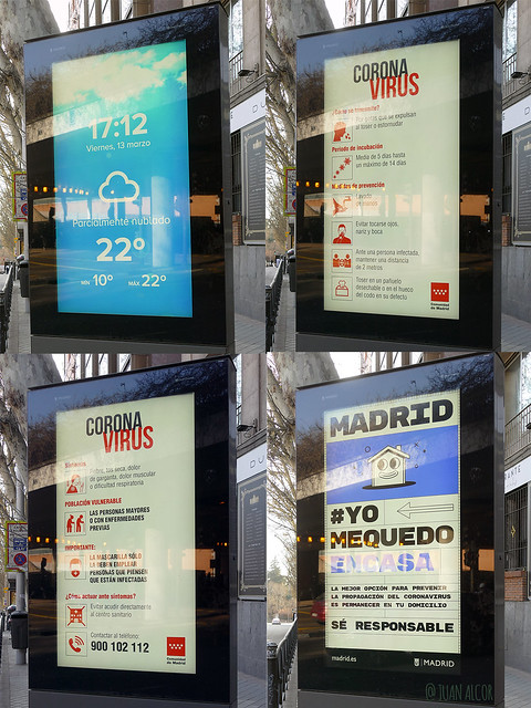 Montaje. Paneles informativos digitales sobre el Co-Vid 19 (Centro, Madrid)