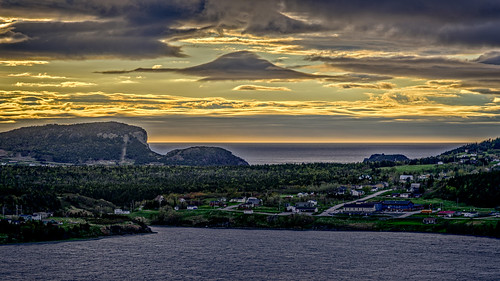 shoreline sunset bay mountains highdynamicrange larkharbor clouds hdr lrhdr on1raw weather manipulations scenic lightroomhdr ocean newfoundland water canada locationrecorded mountain cliff town landscape