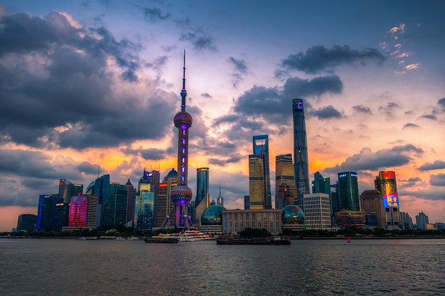 Skyline of Lujiazui in Shanghai at Sunset