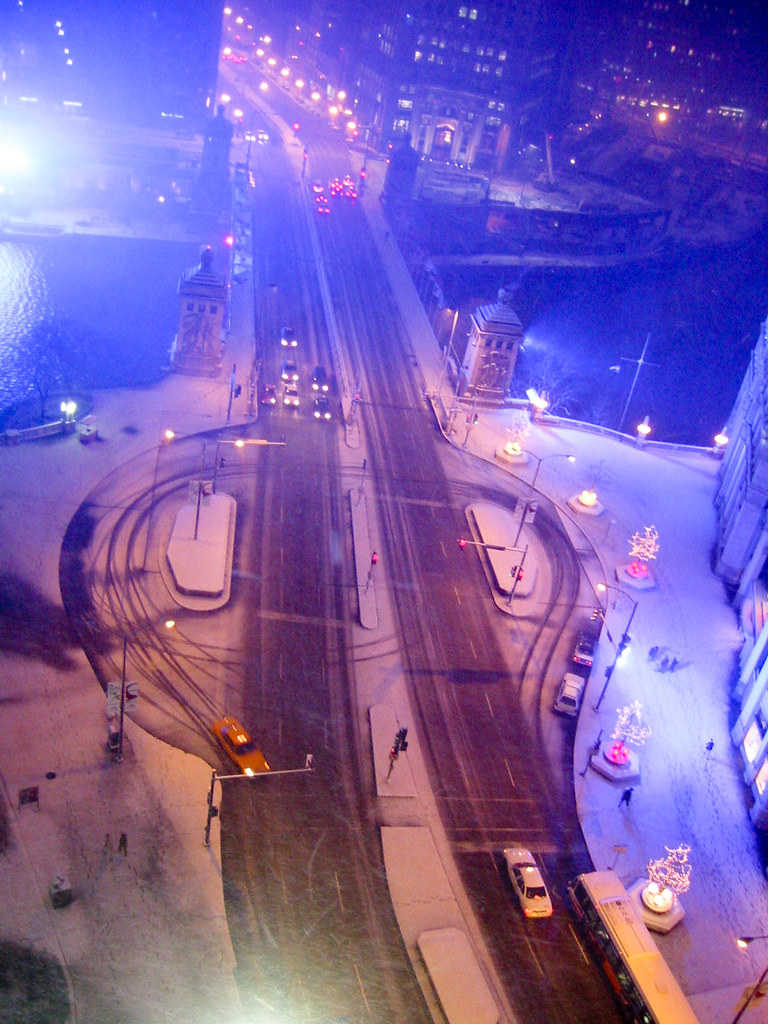 View from Tribune Tower onto Michigan Avenue with purple light, January 2002