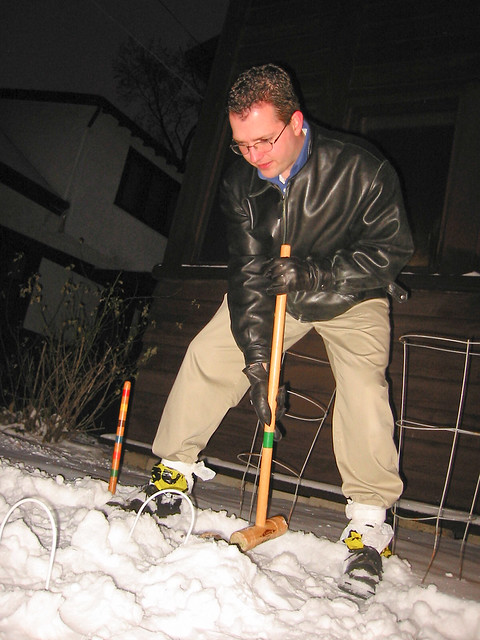 The Hammer wears plastic bag booties on Christmas Day snow, 2002