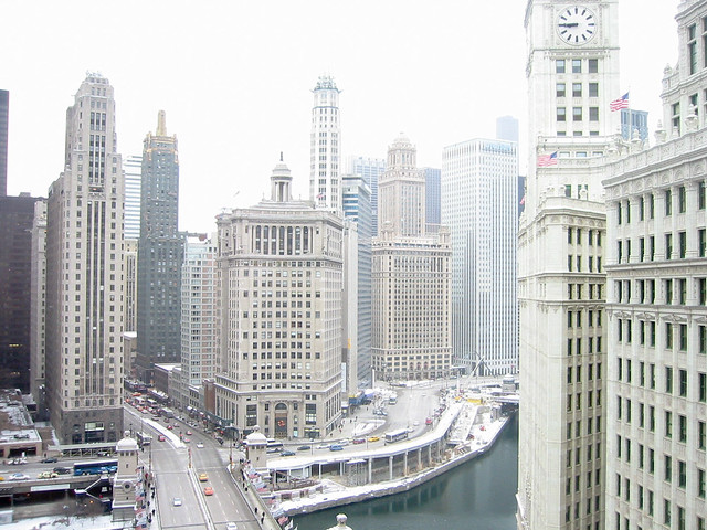 Snow and fog in air, Wrigley Building on right