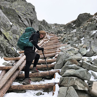 Wooden ladder to the main mountain ridge of the High Tatras Polsky Hreben (2200m)