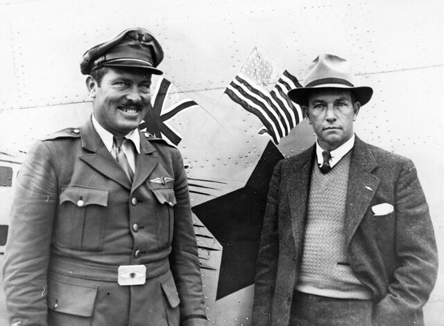 CF_07-0034 Roscoe Turner left Clyde Pangborn at Heston Aerodrome UK for start of England to Australia air race 8_10_1934
