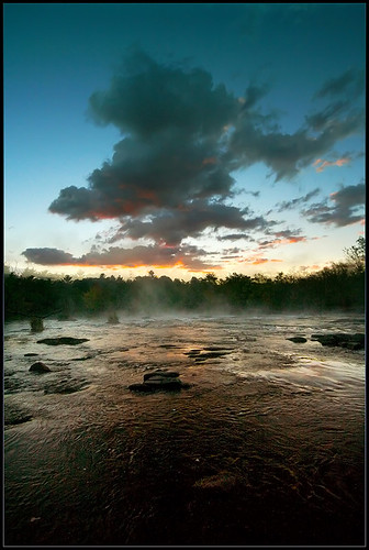 sunrise river water rapids clouds fall mist reflection