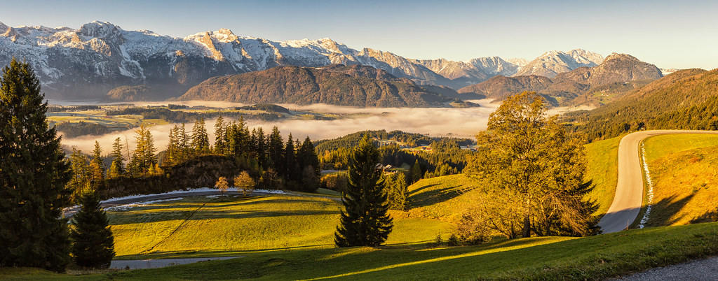 Morning fog in the valley in the Austrian Alps