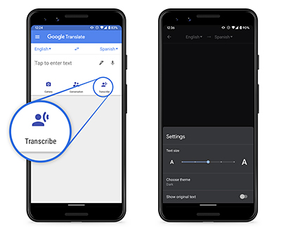 The redesigned home screen of Google Translate (left) and options to change the settings for a comfortable read (right).