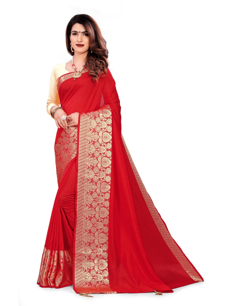  Women's Vichitra Silk Saree With Blouse (Red, 5-6 Mtrs)