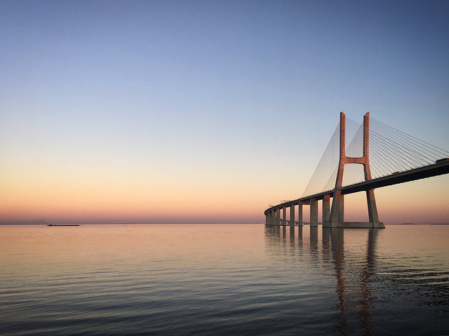 Vasco da Gama bridge at sunset, Lisboa, Portugal, December 2017