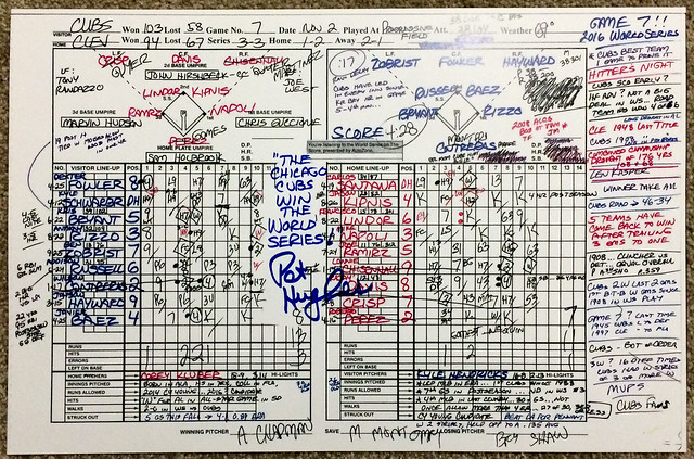 Pat Hughes autographed game 7 scorecard of 2016 World Series